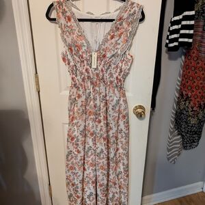 Floral Maxi Sundress with Ruffle V-Neck - White & Coral